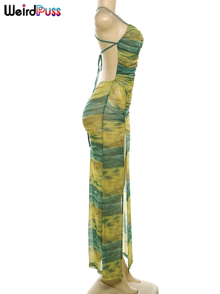 Weird Puss Gradient Backless Dress Women Halter See Through Ruched Summer Trend Split Long Bodycon Coquette Bandage Vestidos