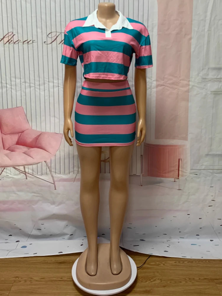 Kricesseen Women's Striped Skirt Set Two-Piece, Girls Short Sleeve Shirt Top And Matching skirt Set Sporty Overalls Active Wear