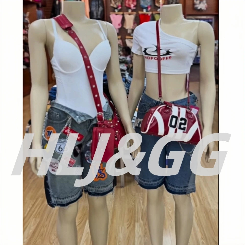 HLJ&GG Blue Retro Fashion jeans Two Piece Sets Women One Shoulder Short Sleeve Crop Top+Jeans Shorts Outfits Fashion Streetwear