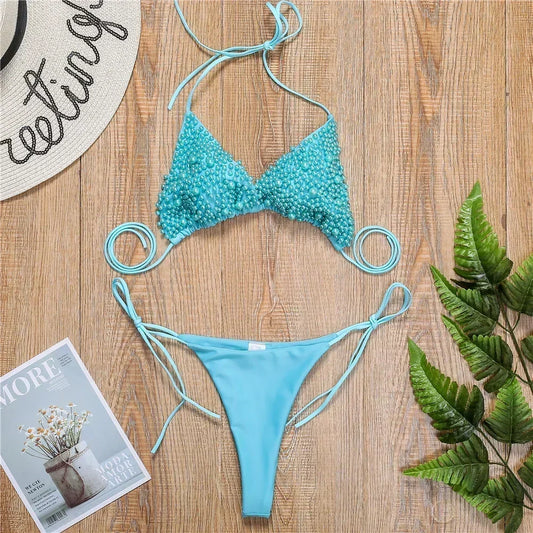 Pearl Bikini String Thong Swimsuit Y2K Swimwear Trend Women Two Piece Bathing Suit Beachwear Bikinis Set Vacation Outfits