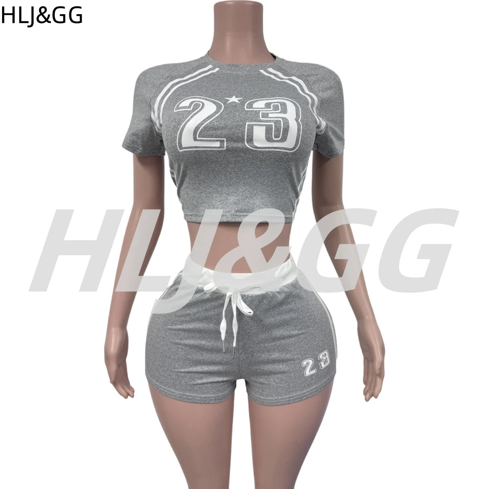 HLJ&GG Summer New Letter Print Drawstring Shorts Two Piece Sets Women Round Neck Short Sleeve Slim Crop Top And Shorts Outfits