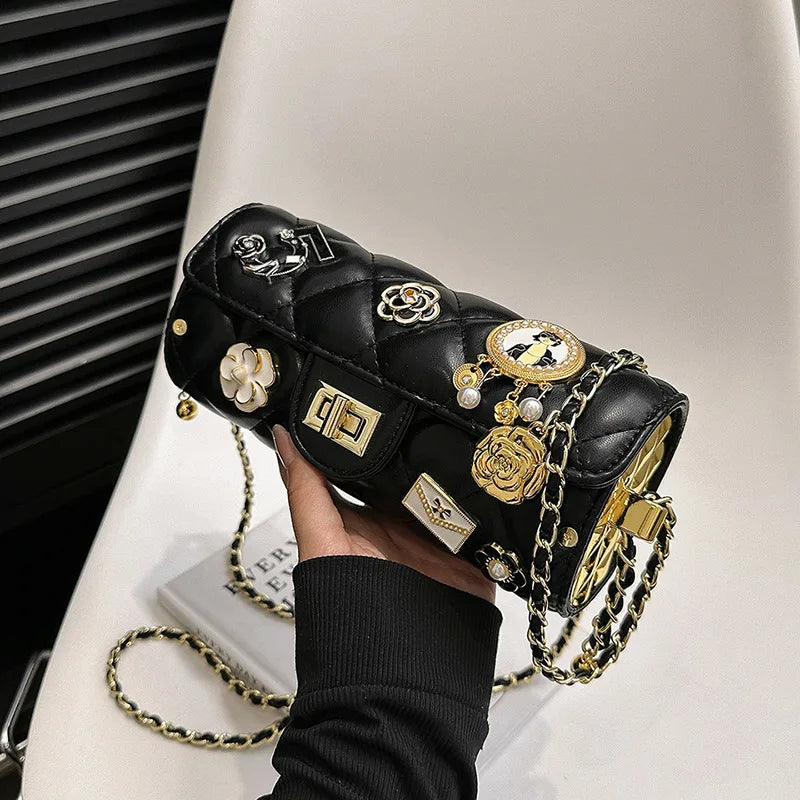 Fashion Shoulder Bag for Women Small Fragrant Style Diamond Grid Texture Crossbody PU Leather Square Bag