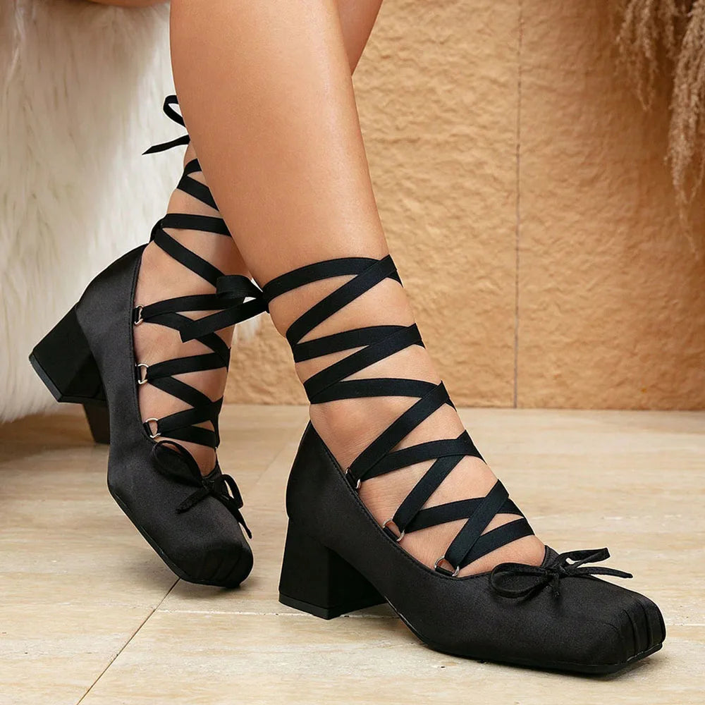 Brand Design Big Size 43 Sweet Pink Mary Jane Pumps Cross-tied Satin 9cm High Heels Ballet Shoes White Party Wedding Shoes Women