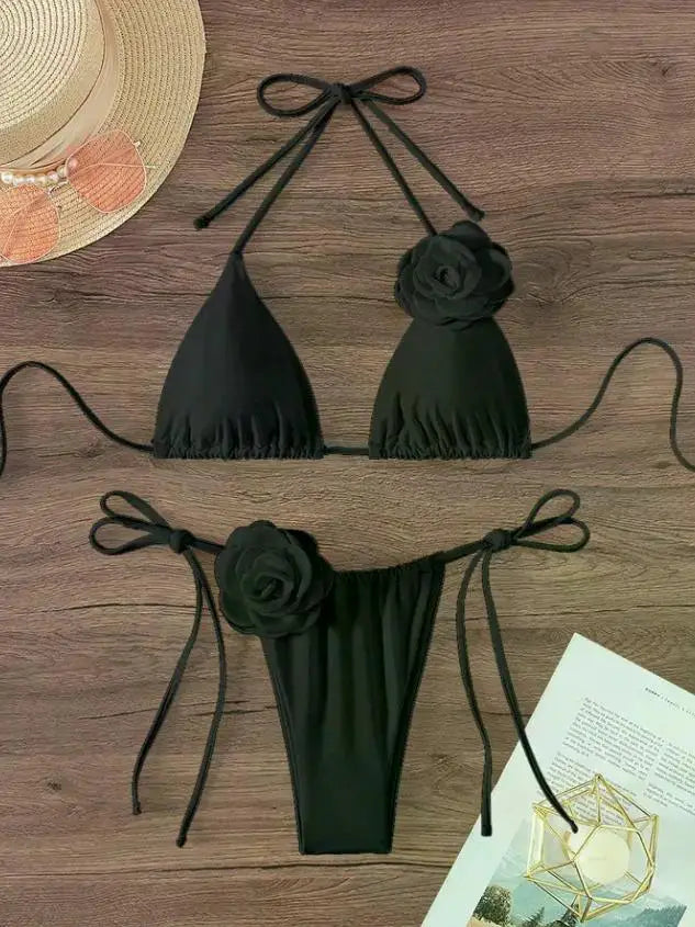 S - L Sexy 3D Flowers Halter Strappy Bikini, Swimwear Swimsuit Two-pieces Bikini Set Bather Bathing Suit Swim