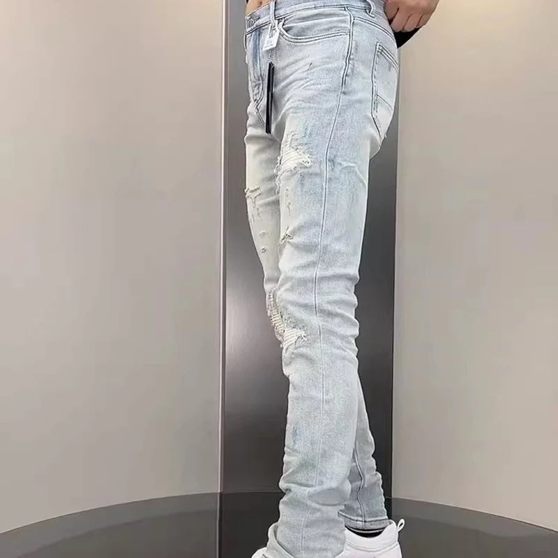 2025 Spring New Ripped Hole Denim Man's Pants Washing Light Blue Hip Hop Slim Fit  Men's Trousers High Street Blue beggar Jeans
