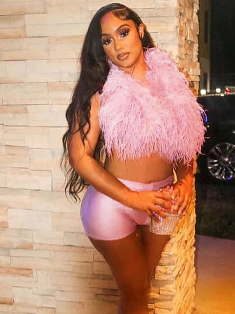 Weird Puss Sexy Hipster Fur 2Piece Set Women Luxury Tank Tops+Tight Stretch Shorts Y2K Summer  Midnight Clubwear Party Outfits