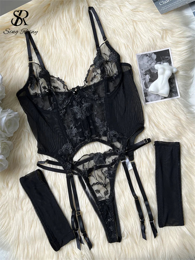 SINGREINY Gauze Sheer Slim Erotic Bra&Brief Sets Fashion Embroidery Club Sleepwear Female Prono Transparent Sexy Underwear Suits