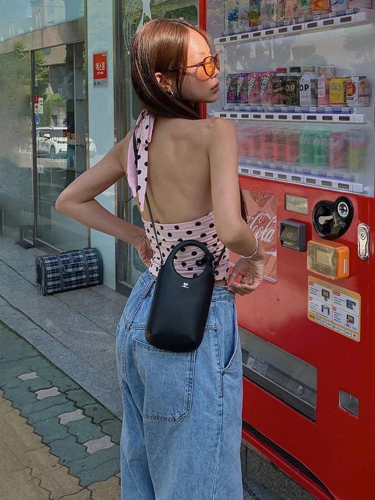 weird Puss Halter v-Neck Vest Women Y2K Lace-Up Backless Polka Dot Print  Skinny Summer Fashion Daily Street Basic Tank Tops