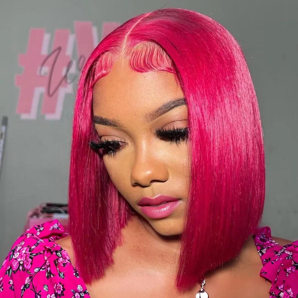 Hot Pink Short Bob Wig Human Hair 13X4 Bob Lace Frontal Wigs Pre Plucked Brazilian Remy Wigs 180% Denity