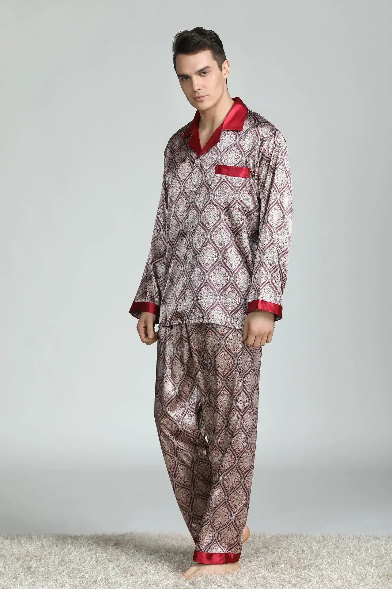 Silk Satin Pajamas for Men Sleepwear Cozy Soft Print Long Sleeve Nightgown Tops + Trousers Two Pieces Mens Pajama Set