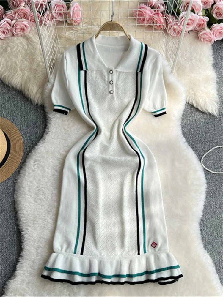 Weird Puss Contrast Stripe Dress Women Knitted Polo-Neck Short Sleeve Ruffles Stretch Hem  Casual Trend Streetwear Mini Bodycon