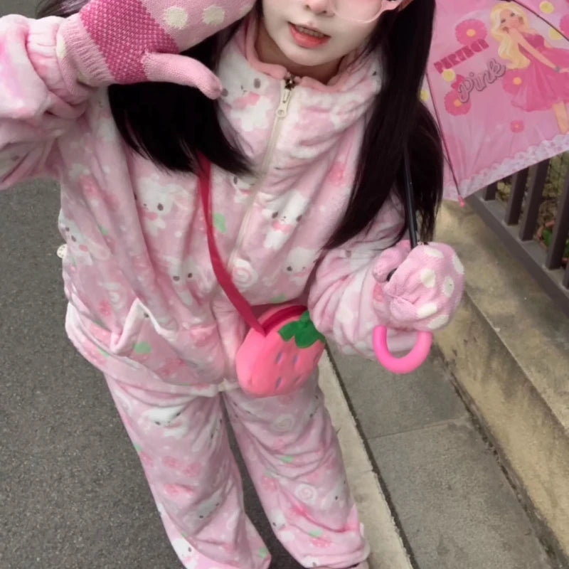 Japanese New Winter Sweet Cute Cartoon Rabbit Flannel Pajamas Set Daughter Girls Pink Thickened Loungewear Women's Sleepwear