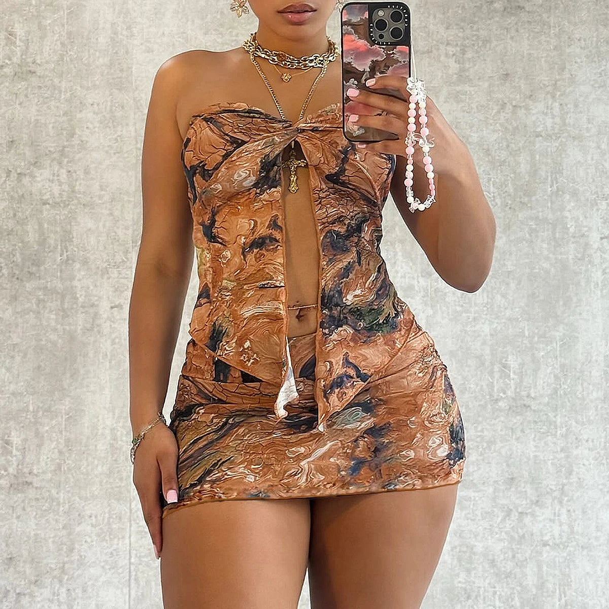 Women's floral pleated sexy tight fitting slit strapless short skirt set