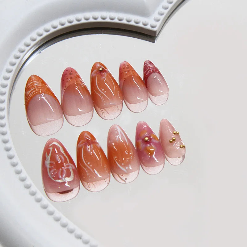 24pcs Short Almond French Press on Nails Ins Flower Design Fake Nail Tips Wearable Full Cover Sweet Korean Cute Fake Nail Patch