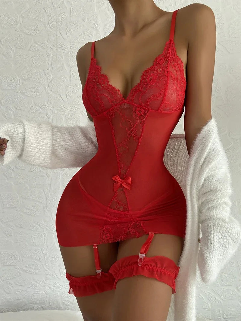 Erotic Lingerie For Women Deep V Pijama Lace Transparent Pajama Sets Sexy Costumes Crotchless Sleepwear Female Teddy Pajamas Set