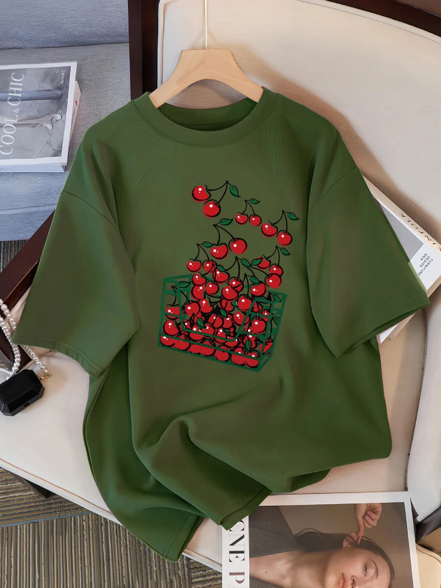 A Basket Of Cherries Printing Female Tee Shirt Breathable Casual T-Shirts Summer Short Sleeve Soft Loose Streetwear Women