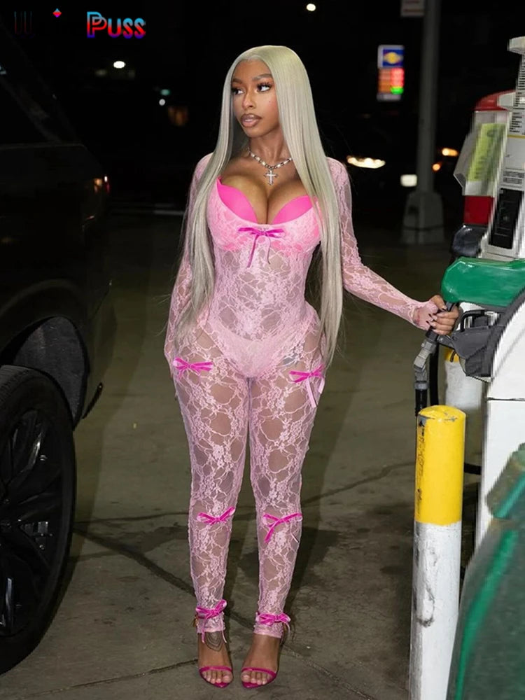 Weird Puss See Through Jumpsuit Sexy Women Summer Fashion Coquette Low-Neck Midnight Clubwear Skinny Elastic Workout Overalls