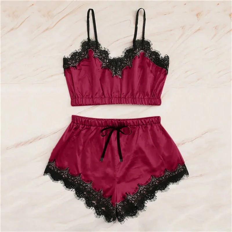 1set Lingerie Sexy Bra Set Women's Sleepwear Sleeveless Strap Lace Trim Satin Cami Tops Pajama Sets Bras Women Brief Sets