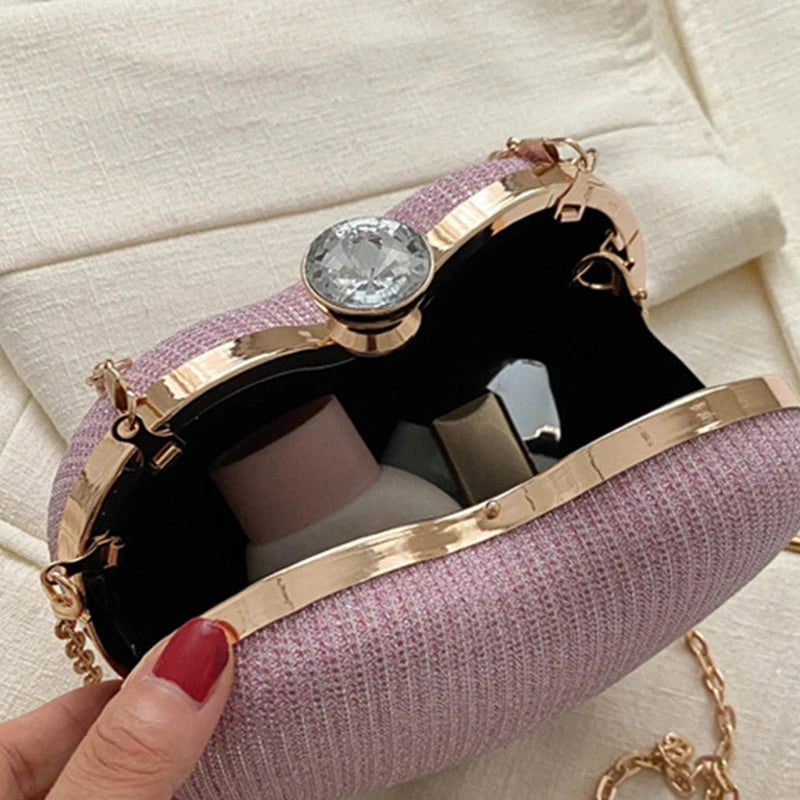Evening Clutch Bag For Women Shiny Heart Shape Metal Clutch Chain Shoulder Purse