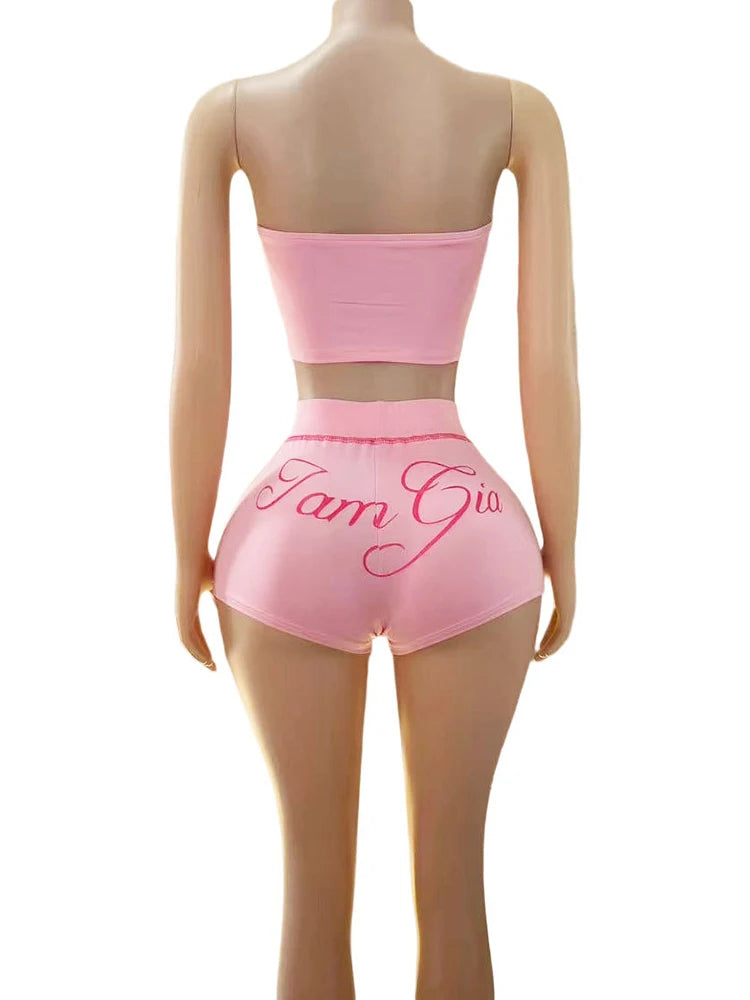 Weird Puss Letter Print Women 2 Piece Set Tracksuit Letter Print Strapless Tos+Shorts Matching Streetwear Skinny Stretch Outfits