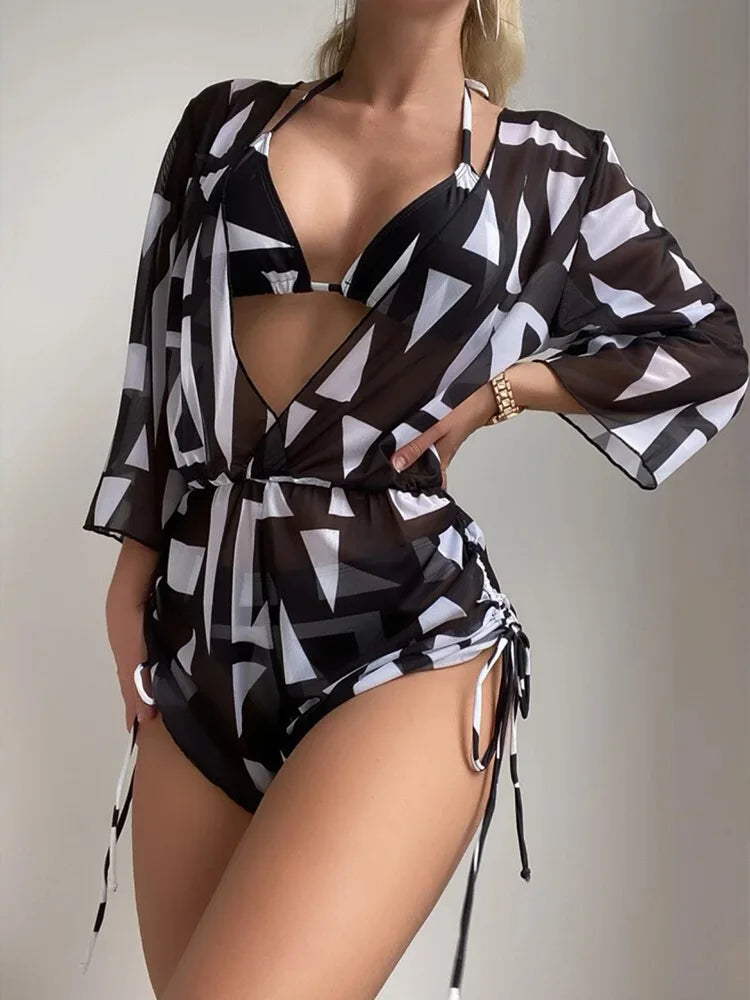 Sexy 3 Pieces Swimsuit Tropical Print Swimwear Halter Lace-Up Micro Bikini Set+Drawstring Bodysuit Cover Up Beachwear Tankinis