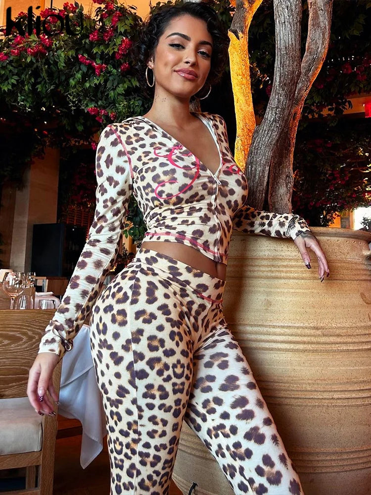 kliou Popular Leopard Women 2 Piece Set Trend Letter Print Hooded Long Sleeve Zip-up Tops+Matching Pants Female Trend Streetwear