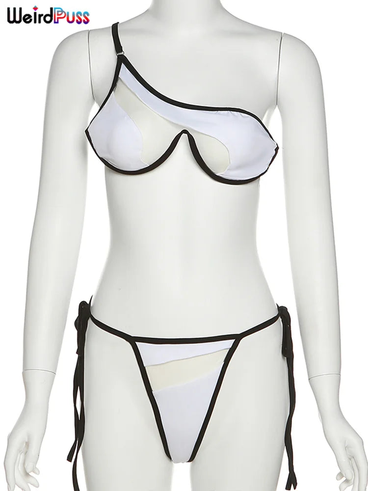Weird Puss Beach Style Women Bikini 2 Piece Set Sexy Mesh Patchwork One Shoulder Bra Top+Bandage Briefs Vacation Trend Clubwear