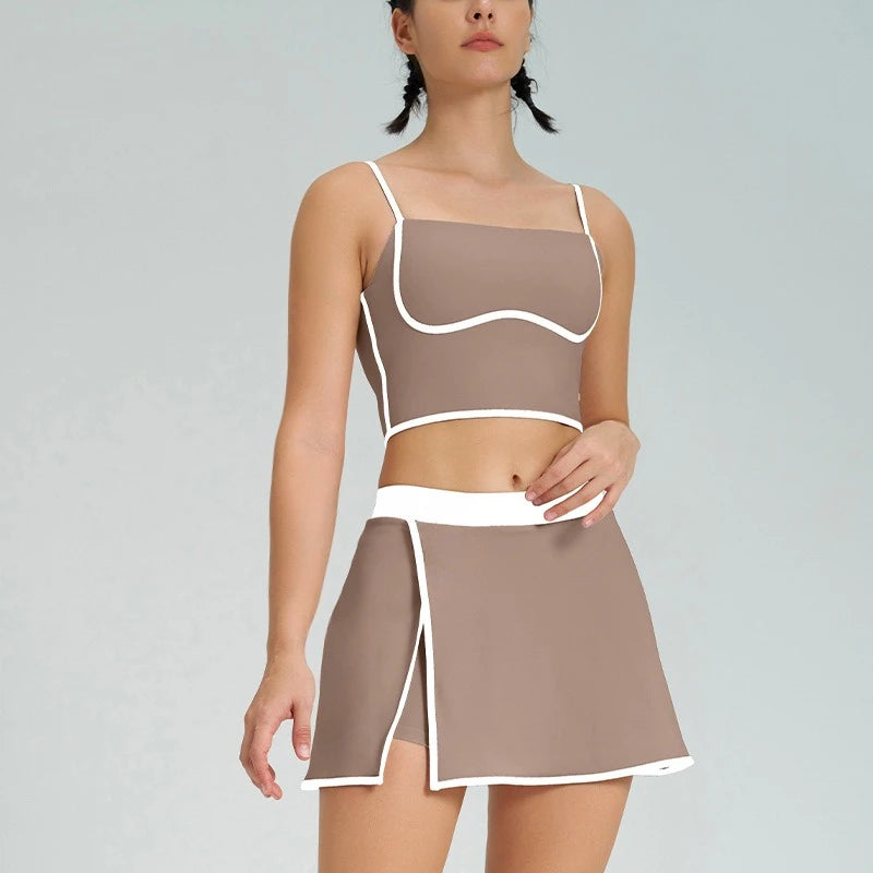 HLJ&GG Fashion High Quality Stretch Sporty Skirts Shorts Two Piece Sets Women Spaghetti Strap Slim Crop Top+Mini Skirts Outfits