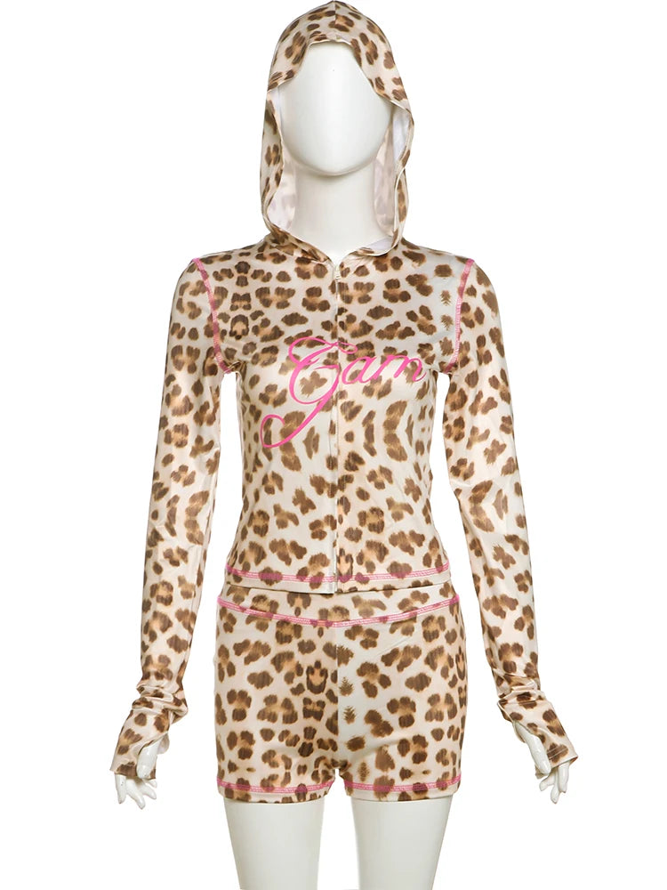 Weird Puss Letter Print Women Tracksuit 2Piece Set Leopard Zip Hooded Jacket+Biker Shorts Matching Street Stretch Activity Suits