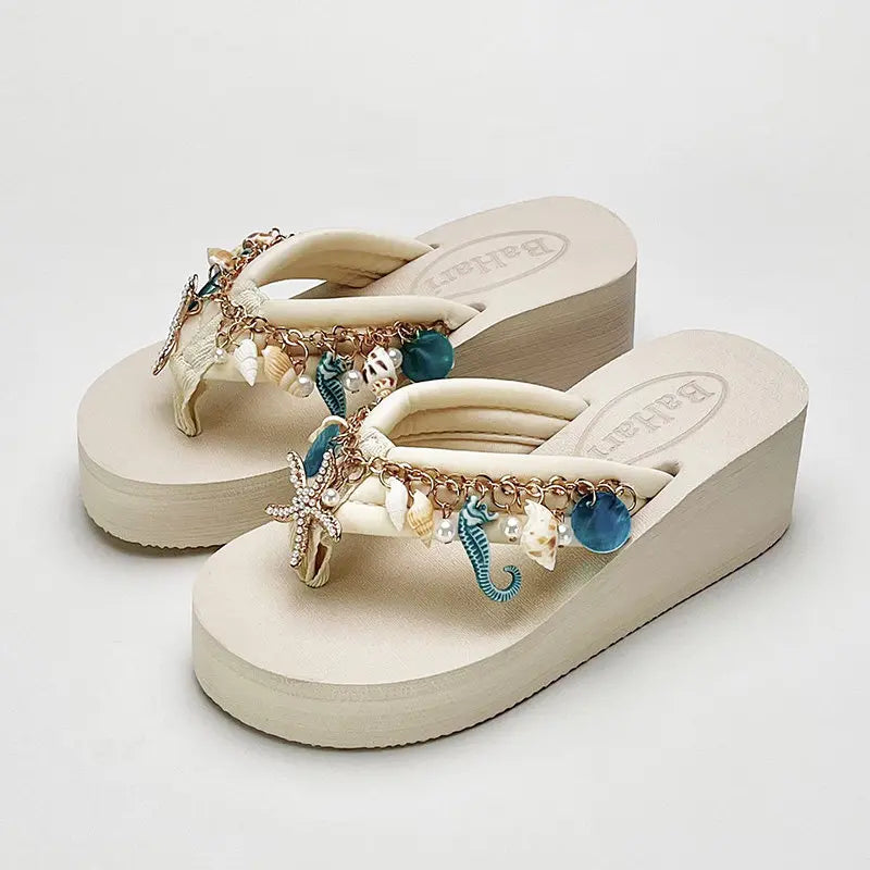 Bohemian High-heeled Flip-flops for Women Summer Vacation Platform Beach Slippers