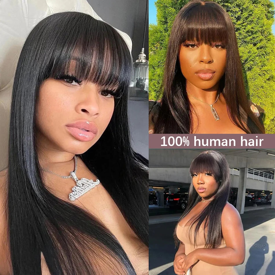 Wiggogo 3X1 Middle Part Lace Wig Bone Straight Human Hair Wig With Bangs Full Machine Made Straight Human Hair Wigs For Women