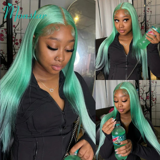 Mint Green Colored Human Hair Wigs Brazilian Straight 13x6 HD Transparent Lace Frontal Human Hair Wigs for Black Women 200% 250%