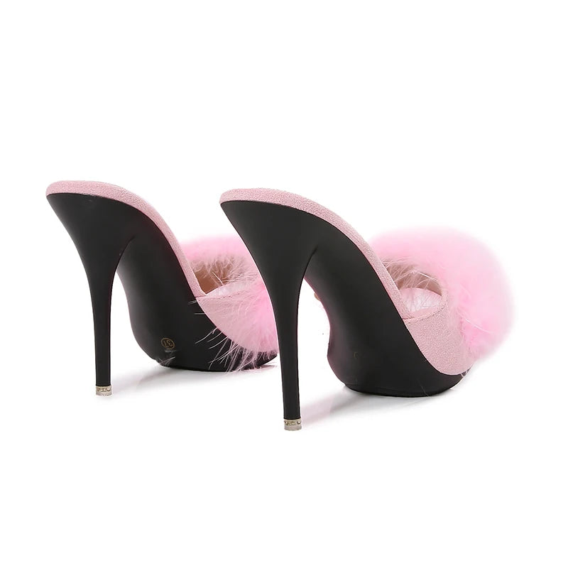 10CM Thin High Heel Designer Plus Size Summer Slippers For Ladies 2025 New Furry Slip-on Women's Shoes Pink Fur Slides Sandals