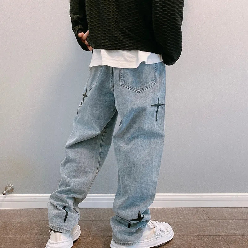 Boyfriend Vintage Fashion Straight Casual Loose Denim Cargo Pants Men Designer Prints Star denim pants Streetwear Loose Wide Leg Jeans