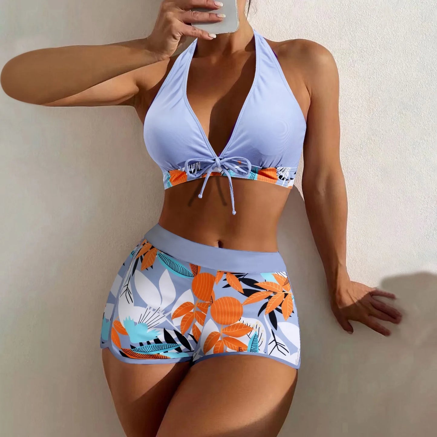 Shorts Bikinis Set  High Waist Swimsuit Women Swimwear  Plant Print Bathers Bathing Swim Suit Beachwear