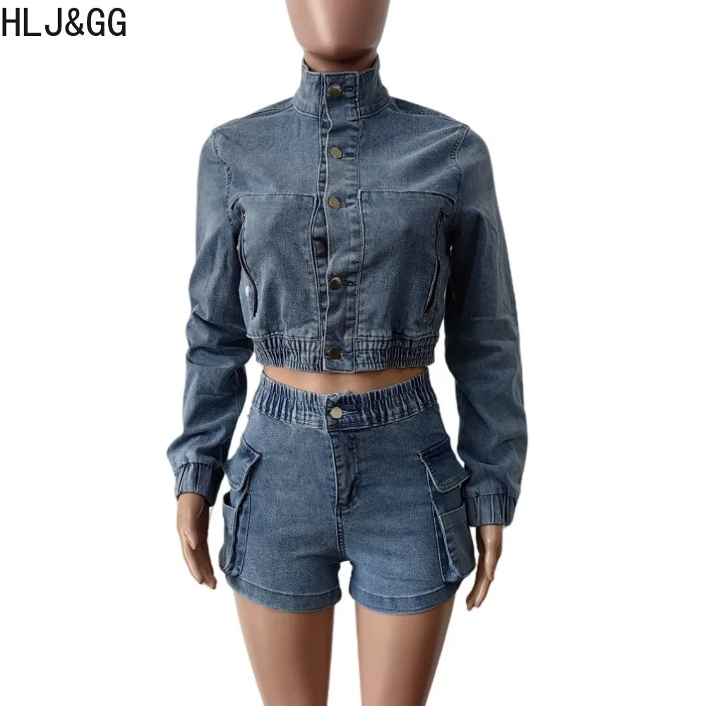 HLJ&GG Blue Fashion jeans Pocket Cargo Shorts Two Piece Sets Women Zipper Long Sleeve Crop Top And Shorts Outfits Cowboy Suits
