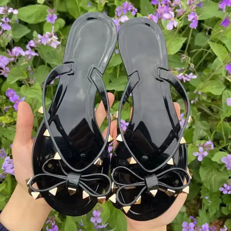 Size 36-42 2026 Hot Sale Fashion Women's Flip Flops Summer Shoes Cool Beach Rivet Big Bow Flat Sandals Jelly Shoes Sandals Girls