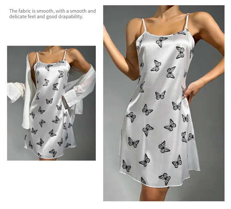 Women Sleepwear Satin Nightgown Mini Slip Chemise Short Nightwear Butterfly Print Spaghetti Strap Cami Nightdress