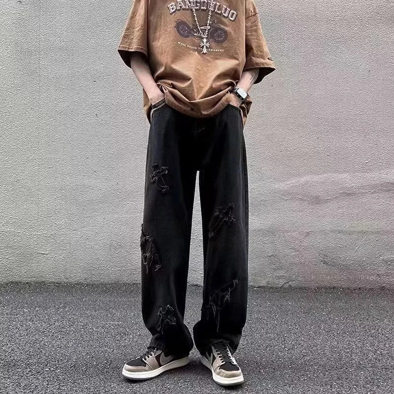Straight Leg Denim Jeans Male New Fashion Casual Loose High Street Y2k Pants New Wide Leg Hip Hop Black Blue Pants