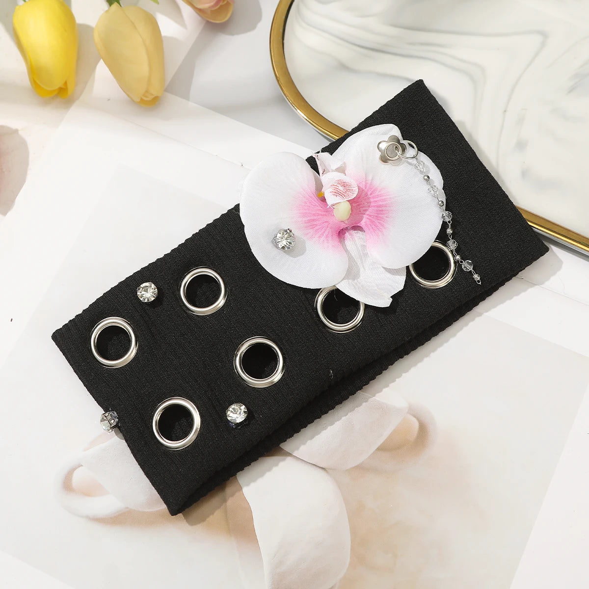 AWAYTR Punk Girl Fabric Hollow Elastic Headbands Metal Rock Personalized Hollow Eyelets Hair Band Casual Sports Grommet Headband