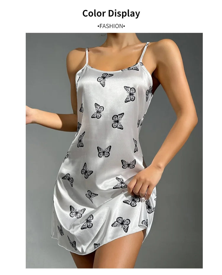 Women Sleepwear Satin Nightgown Mini Slip Chemise Short Nightwear Butterfly Print Spaghetti Strap Cami Nightdress