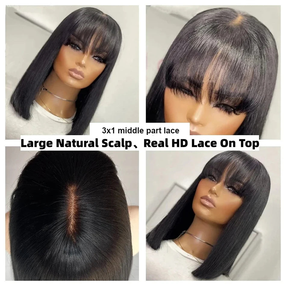 Wiggogo 3X1 Middle Part Lace Wig Bone Straight Human Hair Wig With Bangs Full Machine Made Straight Human Hair Wigs For Women