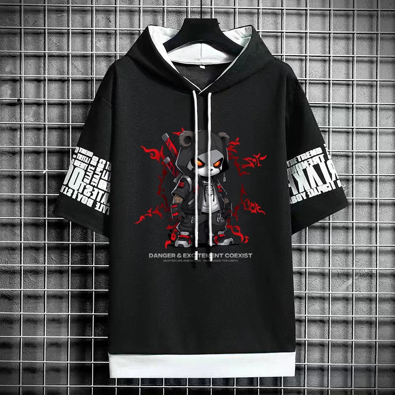2024 Men's Sweatshirts Korean Fashion Harajuku Streetwear Short Sleeve Hoodies Men Summer Men Clothing Print Cartoon Hoodies Men