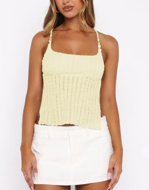 Summer New Sexy Casual Elegant Fashion Vacation Style Polka Dot Jacquard Square Collar Backless Lace Up Cross Suspender Top