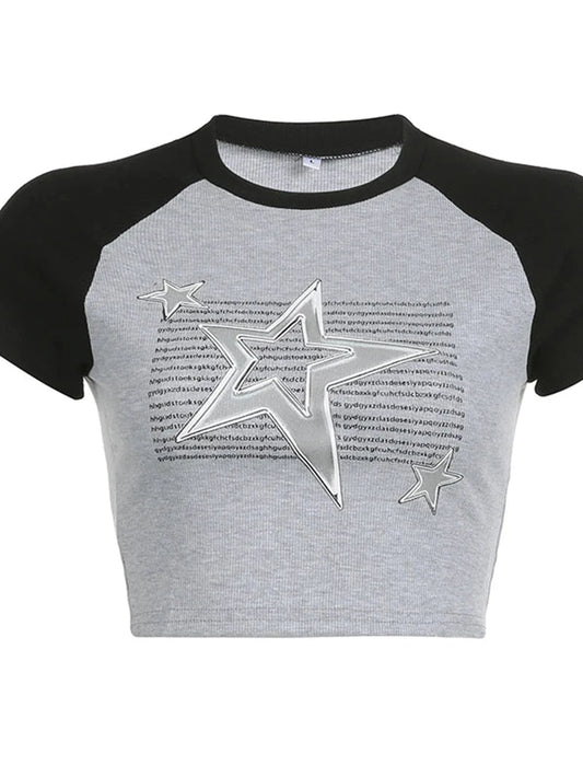 Silver Star Graphics Print Y2K Women Aesthetic Summer Patchwork Short Sleeve Casual Tee Basic Crop Tops Korean Harajuku T Shirts