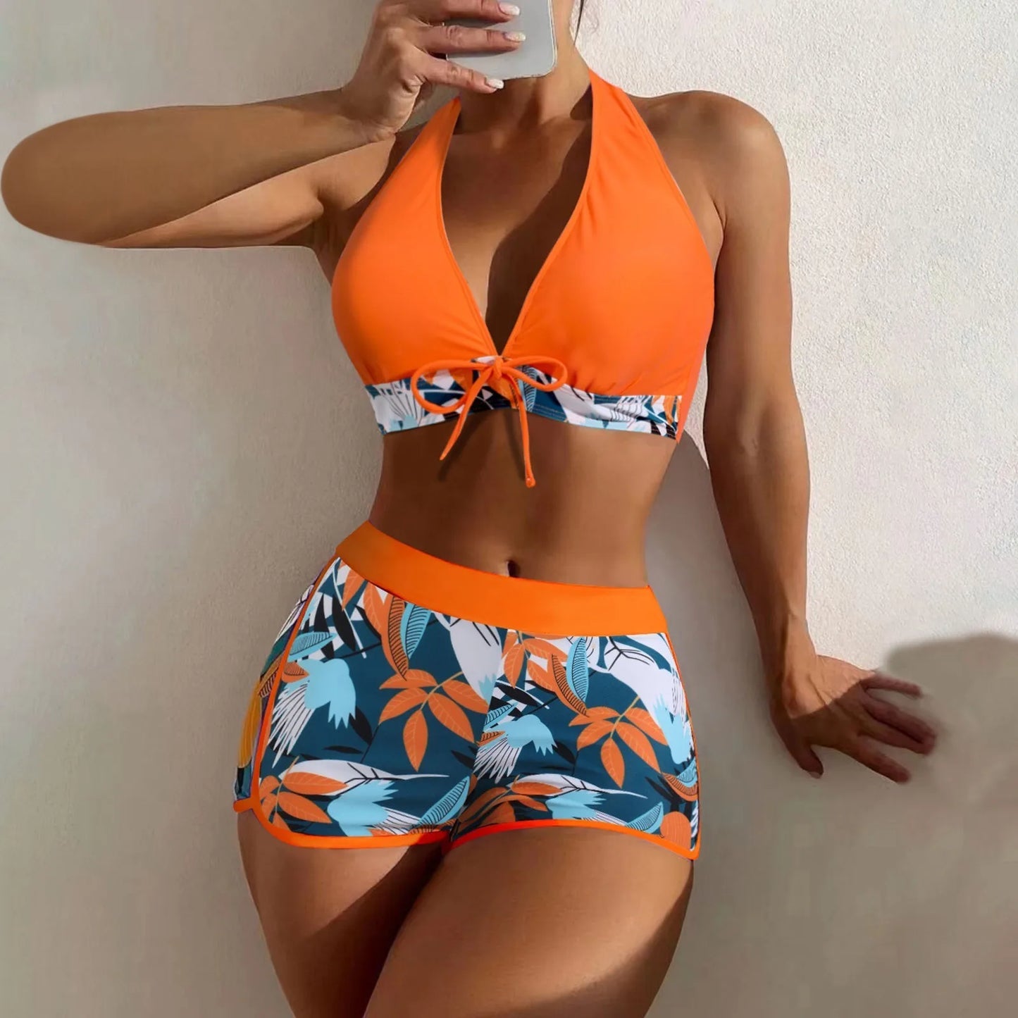 Shorts Bikinis Set  High Waist Swimsuit Women Swimwear  Plant Print Bathers Bathing Swim Suit Beachwear