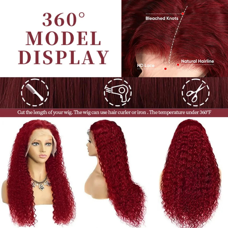 Wet And Wavy 99j Lace Frontal Wig Human Hair Burgundy 13x6 Hd Lace Frontal Human Hair Wig Red Curly Lace Front Human Hair Wigs