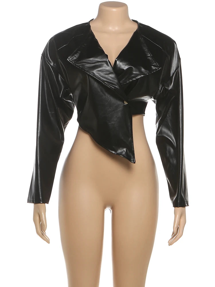 Faux Leather Irregular Crop Jacket — Women's Streetwear Coat