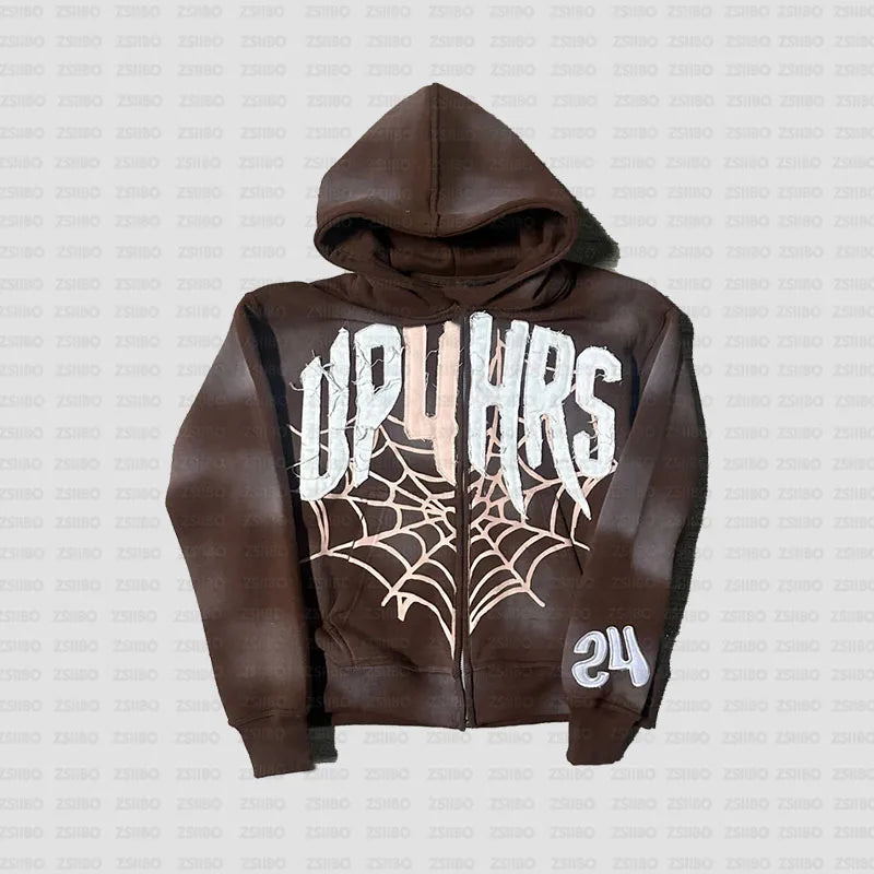 Retro Patch Spider Web Print Zipper Hoodie Y2K Sweatshirt Mens Hip Hop Letter Oversized Hoodie Jacket Clothes Streetwear Jacket