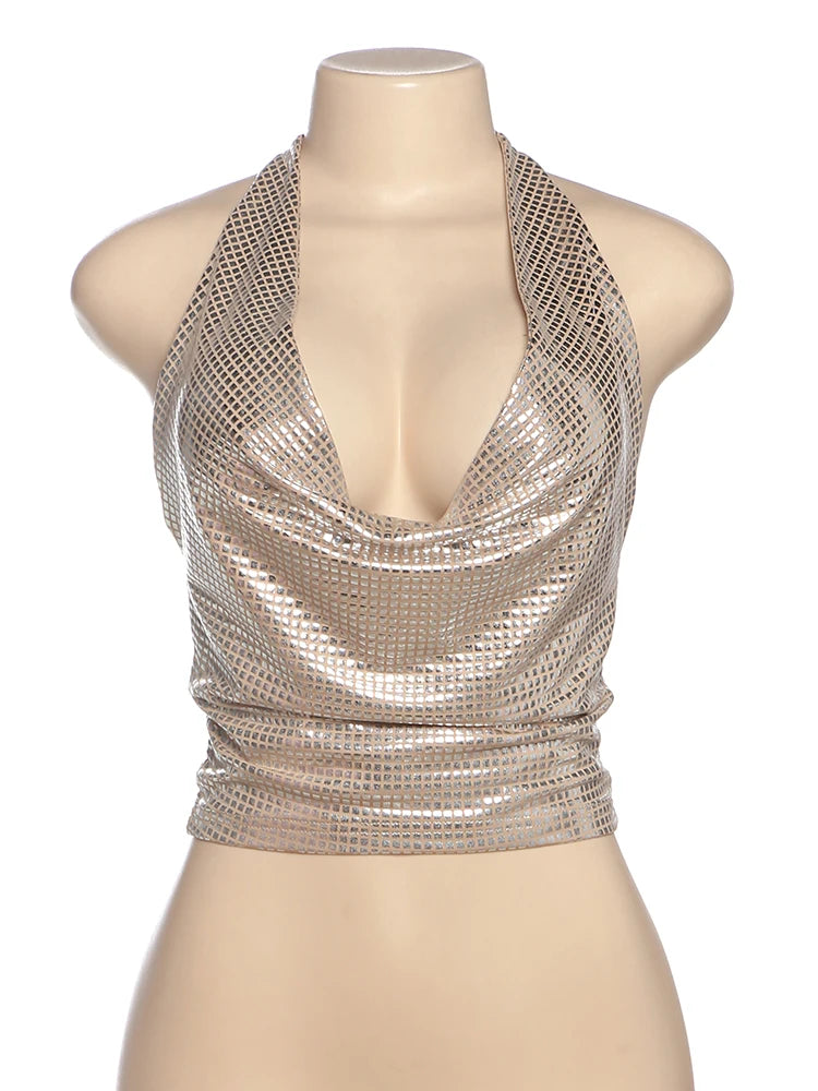 Weird Puss Sequins Backless Sexy Tank Tops Swing Collar Summer Sleeveless Pleated Lace-Up Halter Party Streetwear Skinny Vest